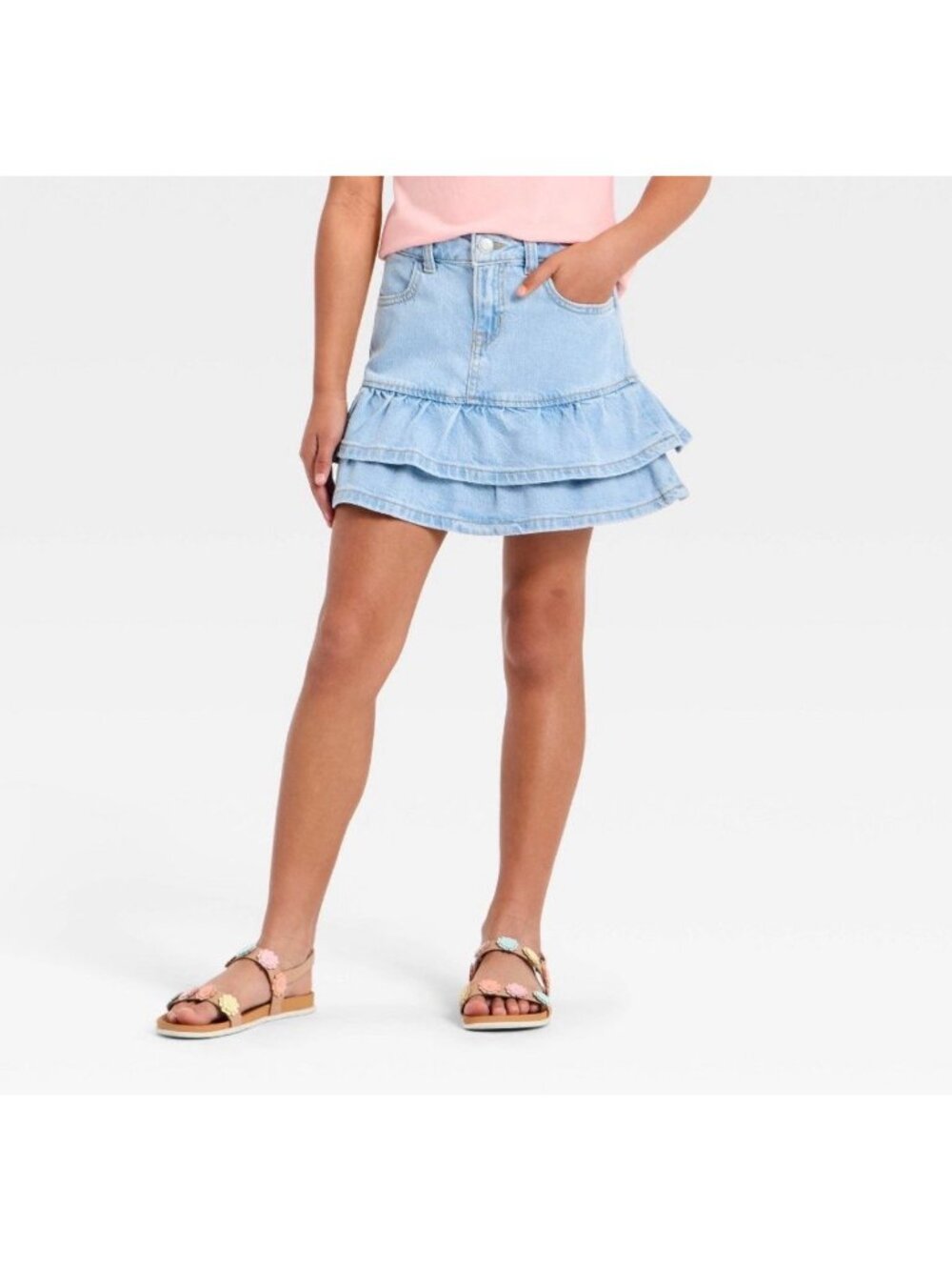 Cat & Jack Girls Tiered Ruffle Denim Skirt Light Wash Small
